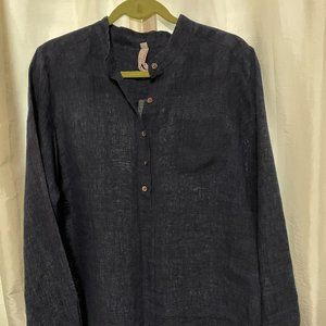 Nuthatch M Navy Linen V-Neck Long Sleeved Button Up Tunic